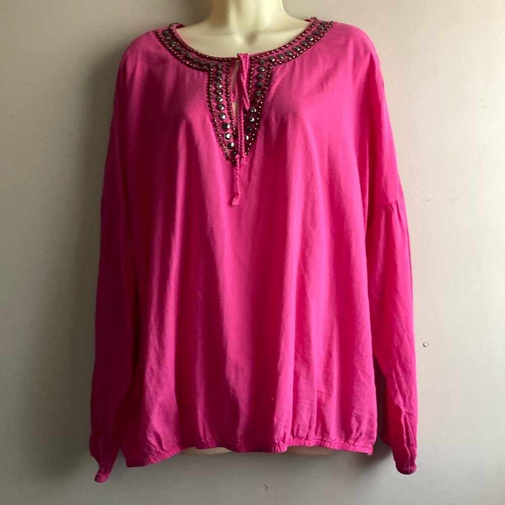 Michael Kors blouse/top size 2X pink with beads around neck.